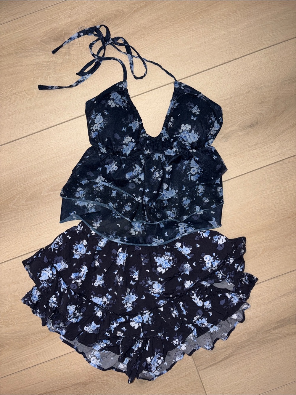 wild fable Navy Blue Floral Halter Ruffle Set